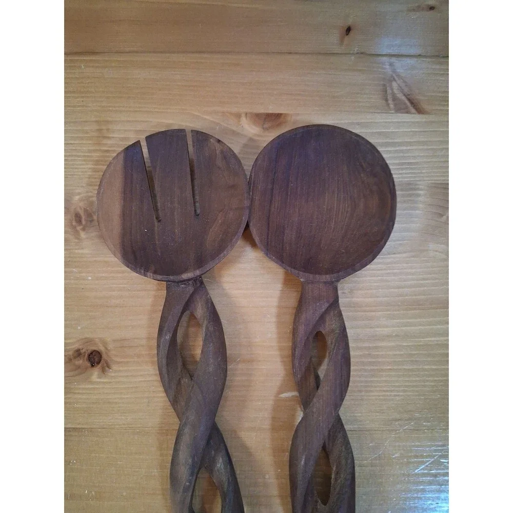 Vintage Twisted Wooden Salad Servers Utensils 12